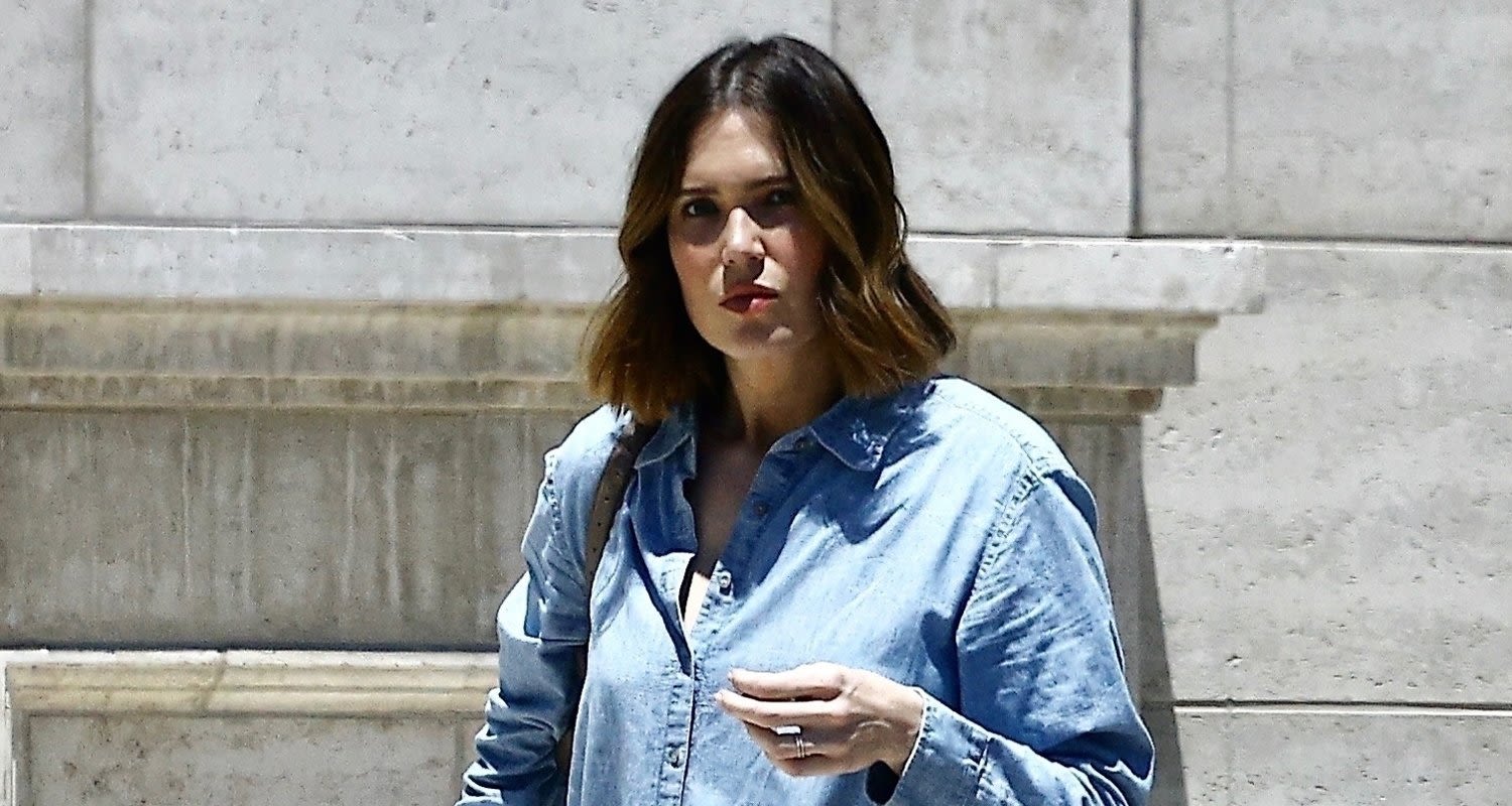 Mandy Moore Dresses Growing Baby Bump in Denim Dress While Stepping Out for Lunch