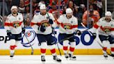 ...Barkov celebrates with teammates after scoring a goal against the Edmonton Oilers during the third period of Game 6 of the Stanley Cup Final at Rogers Place on June 21, 2024, in ...