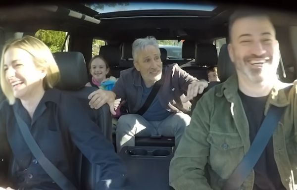 Jon Stewart surprises Jimmy Kimmel's kids on drive to school, sings along to Olivia Rodrigo