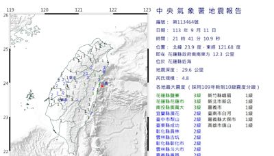 快訊/地牛翻身！21:41花蓮近海爆規模4.8地震 最大震度3級