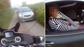 Biker and driver face off on narrow West Country lane