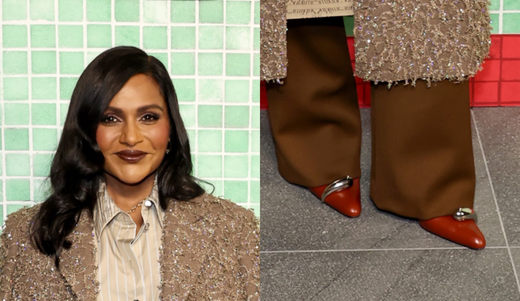 Mindy Kaling Twins With Ella Emhoff Wearing Red Pointy Pumps for Tory Burch Spring 2025 Show