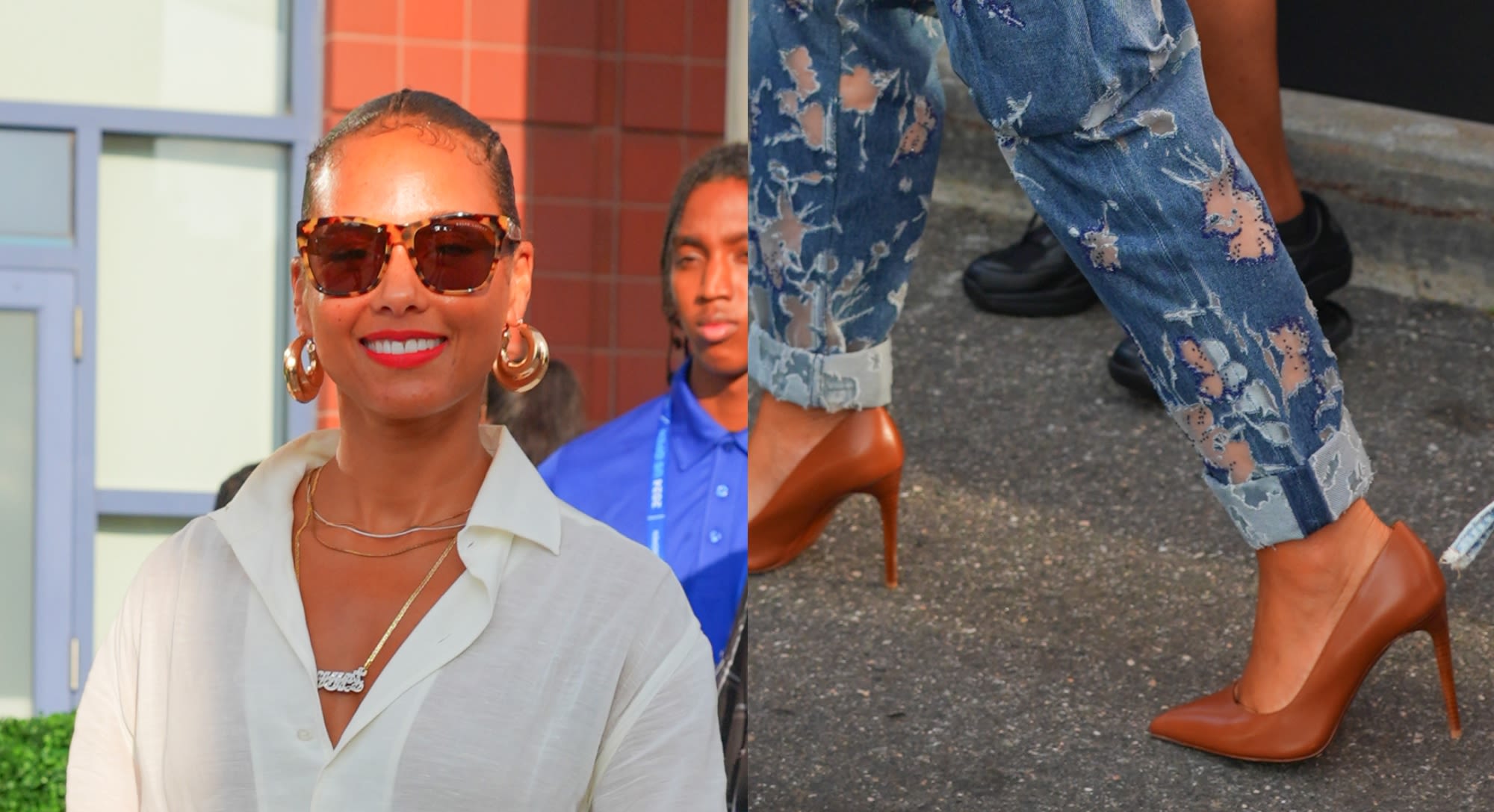 Alicia Keys Pairs Jeans and White Shirt With Brown Pointed Toe Schutz Shoes for 2024 US Open Outing With Serena Williams