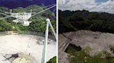 Puerto Rico's iconic Arecibo Observatory won't be replaced after crashing to its doom 2 years ago. Dramatic photos and video show pieces of the broken telescope being overtaken by the jungle.