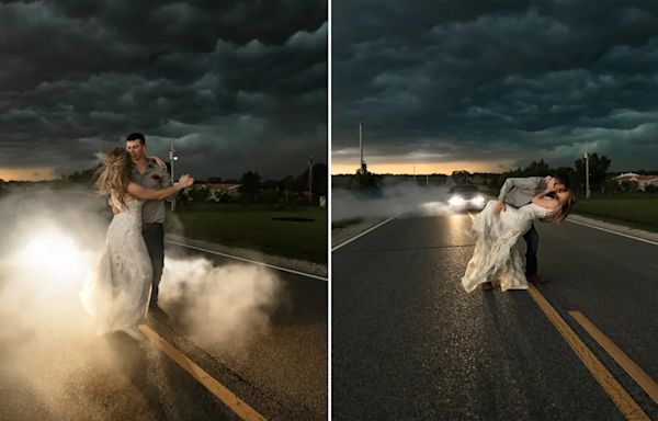 Kansas photographer turns dramatic thunderstorm into stunning backdrop for bride and groom