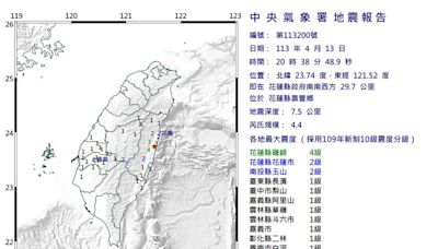 快訊／花蓮磯崎20:38規模4.4「極淺層地震」 最大震度4級在壽豐