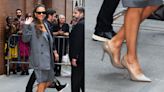 Jessica Alba Rewears Patent Leather Jimmy Choos With Gray Suit for ‘The View’ Appearance