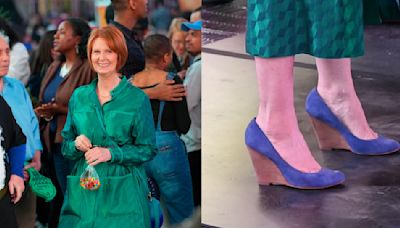 Cynthia Nixon Films ‘And Just Like That’ in Flirty Blue Suede Wedges with Rosie O’Donnell in New York