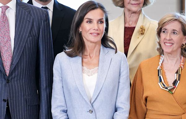 Queen Letizia Nails Summer Power Dressing in a Blue Suit and Affordable Sneakers