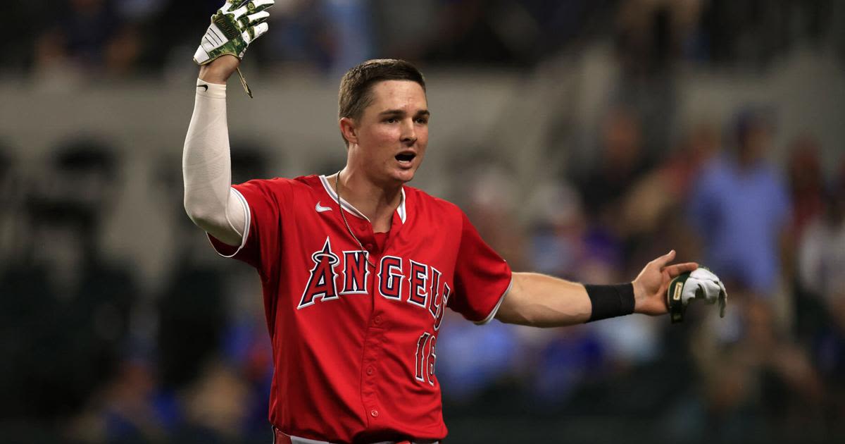 Mickey Moniak of the Los Angeles Angels reacts after a called third strike during the 11th inning against the Texas Rangers at Globe Life Field on Saturday, May...