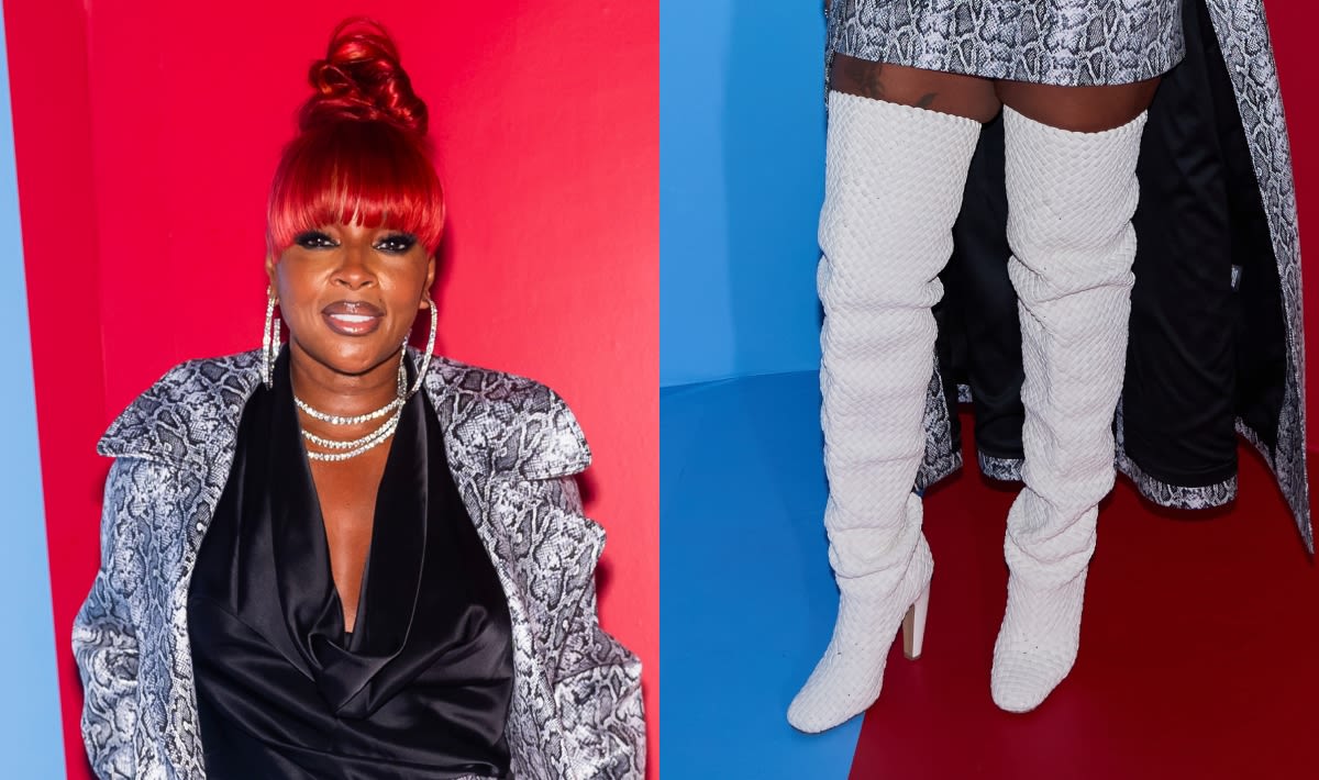 Mary J. Blige Wears Signature Bottega Veneta Woven Thigh-High Boots at Alice + Olivia Spring 2025 Presentation in New York