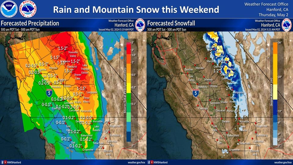 Weather Service Central California Projected Precipitation Totals for Saturday Morning Through Sunday Morning, May 5, Weather System Has...