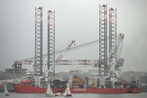 Danish vessel dwarfs smaller ships as it docks in New London