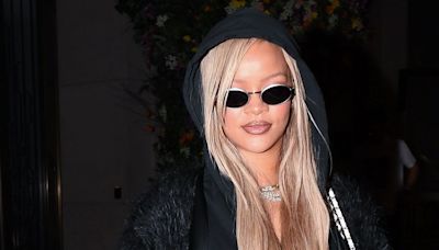 Rihanna Steps Out With Whole Family Wearing a Fluffy Wrap Over a Teal Corset