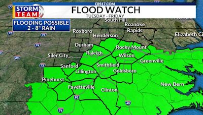 Flood watch in central NC through Friday with 10 inches of rain possible from Debby