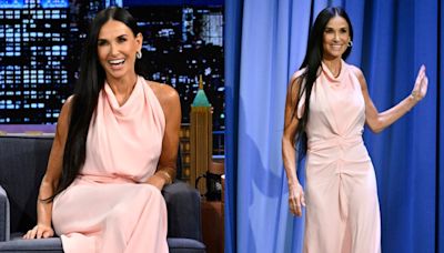 Demi Moore Blushes in Pink Victoria Beckham Dress for ‘Jimmy Fallon’ Appearance, Talks ‘The Substance’ and Doing Press...