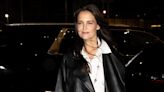 Katie Holmes Is Chic in a Leather Jacket and White Collared Dress