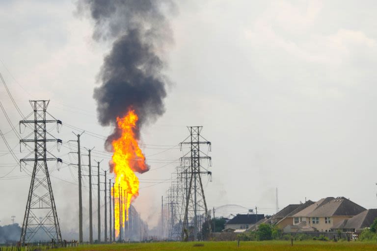 An SUV crash sparked a pipeline fire that has burned for hours and prompted evacuations in a Houston suburb