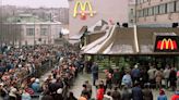 McDonald's Russian restaurants have just reopened. Photos show thousands of people queueing for their first Big Mac when the chain arrived in Moscow in 1990.