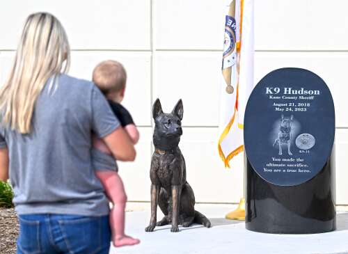 ‘A member of our family’: Monument honoring fallen police dog Hudson unveiled in St. Charles