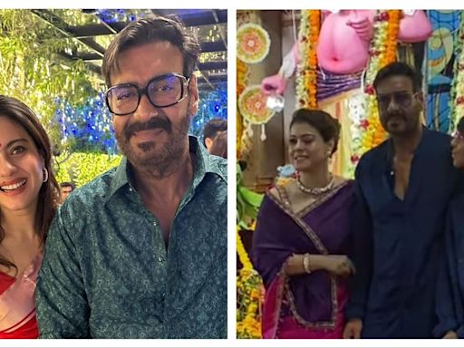 Kajol pinches Ajay Devgn for a perfect family picture at Durga Puja; fans call it a ‘biwi thing’