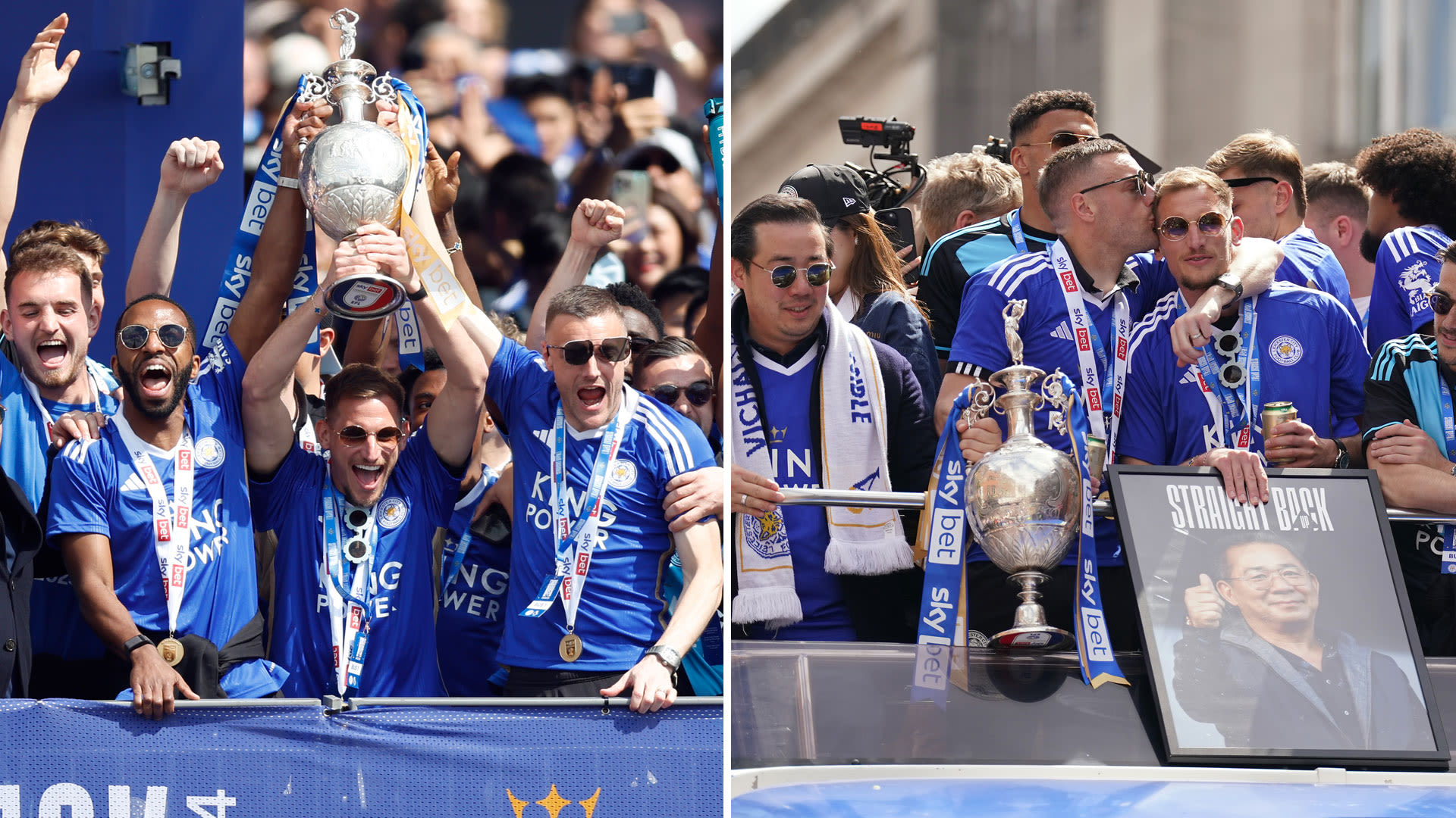 Vardy leads Leicester celebrations as thousands flood streets for title party