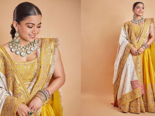 Rashmika Mandanna dons raw silk lehenga made with sitaara embroidery, styles with 2 dupattas for Anant Ambani-Radhika Merchant Wedding