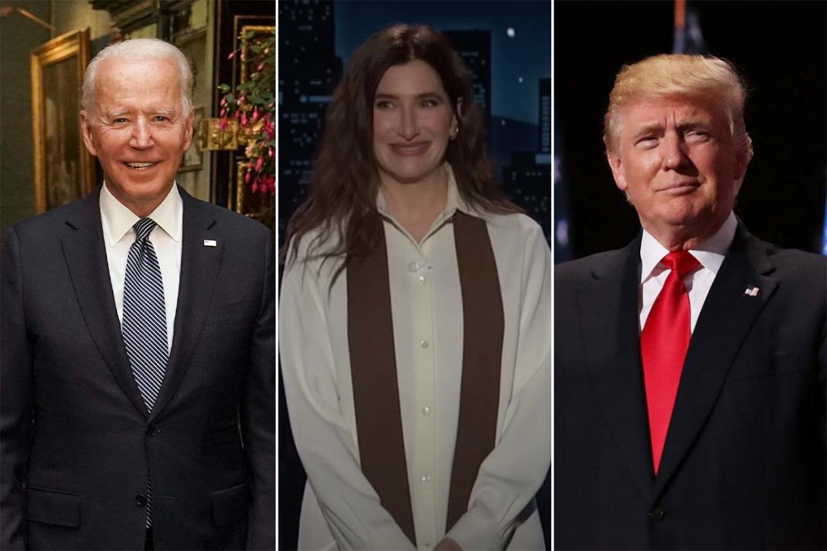 'Jimmy Kimmel Live': Kathryn Hahn jokes that a "slick bathtub" could "alter the course of history" this presidential election due to President Biden, Donald Trump's age