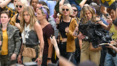 Jennifer Aniston Gets Splashed With Oil For The Morning Show Season 2 Shoot. Watch