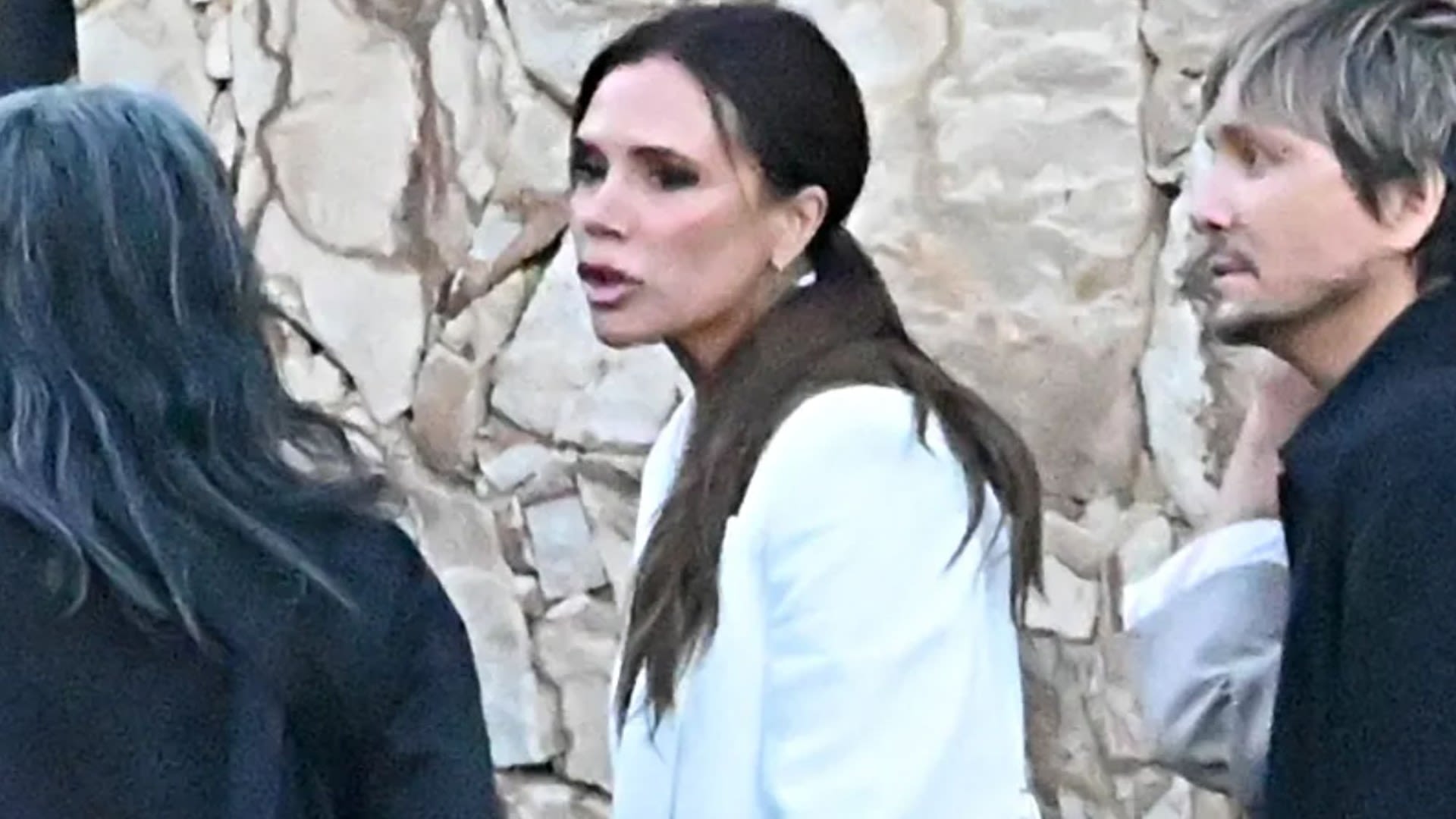 Victoria Beckham hobbles on crutches as she joins A-list stars to film ad