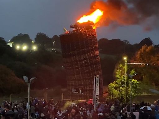 Mock police car set alight as Tyrone bonfire collapses during Twelfth commemorations