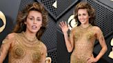 Miley Cyrus Dons Custom Gold Maison Margiela Gown Made of Safety Pins on Grammys 2024 Red Carpet