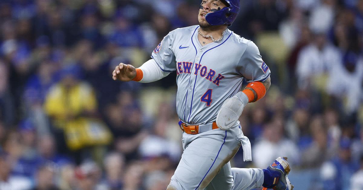 Francisco Alvarez of the New York Mets scores a run against the Los Angeles Dodgers in the second inning at Dodger Stadium on April 19, 2024, in Los Angeles.