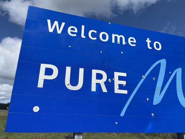 "Welcome to Pure Michigan" sign in Berrien County shot 18 times