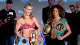 Mikaela Mayer kicks out at Alycia Baumgardner at fiery weigh-in for unification fight