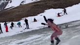 Crowd Celebrates Bikini Wearing Skier Ending The Season With A Bang