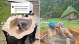 A young TikTok couple has gone massively viral for hollowing out a gigantic 73-year-old spruce tree stump and turning it into an outdoor hot tub