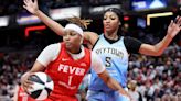 ...Chicago Sky's Angel Reese defends against the Indiana Fever's NaLyssa Smith during the second quarter at Gainbridge Fieldhouse on Saturday, June 1...