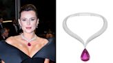 Bella Thorne Dazzles in Show-Stopping Ruby Necklace and Off-the-Shoulder Collar Sleeve Gown