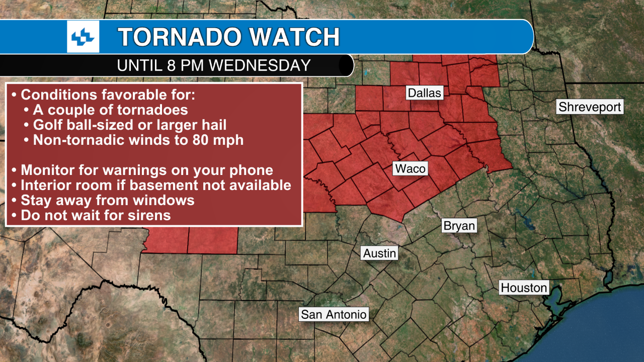 Tornado Watch for much of Texas until 8 p.m. Wednesday