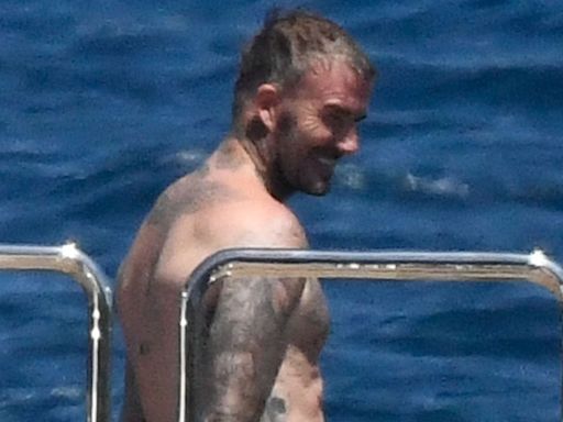 Shirtless David Beckham Shows Off His Tan and Tattoos in Swimsuit on Family Yacht Vacation