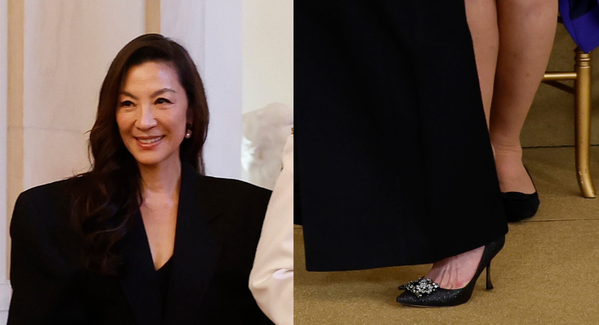 Michelle Yeoh Ups the Glitz in Roger Vivier Crystal Embellished Pumps at White House Presidential Medal of Freedom Ceremony