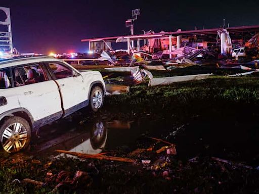 Photos: Heavy damage seen at gas station in Valley View, Texas after a suspected tornado