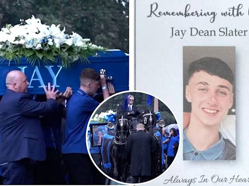 'Forever 19': Jay Slater's horse-drawn coffin arrives at funeral as friends and family dressed in blue pay respect