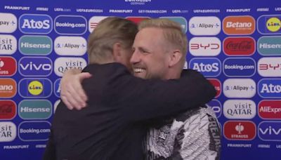 Peter Schmeichel hugs son Kasper on live TV after interviewing him