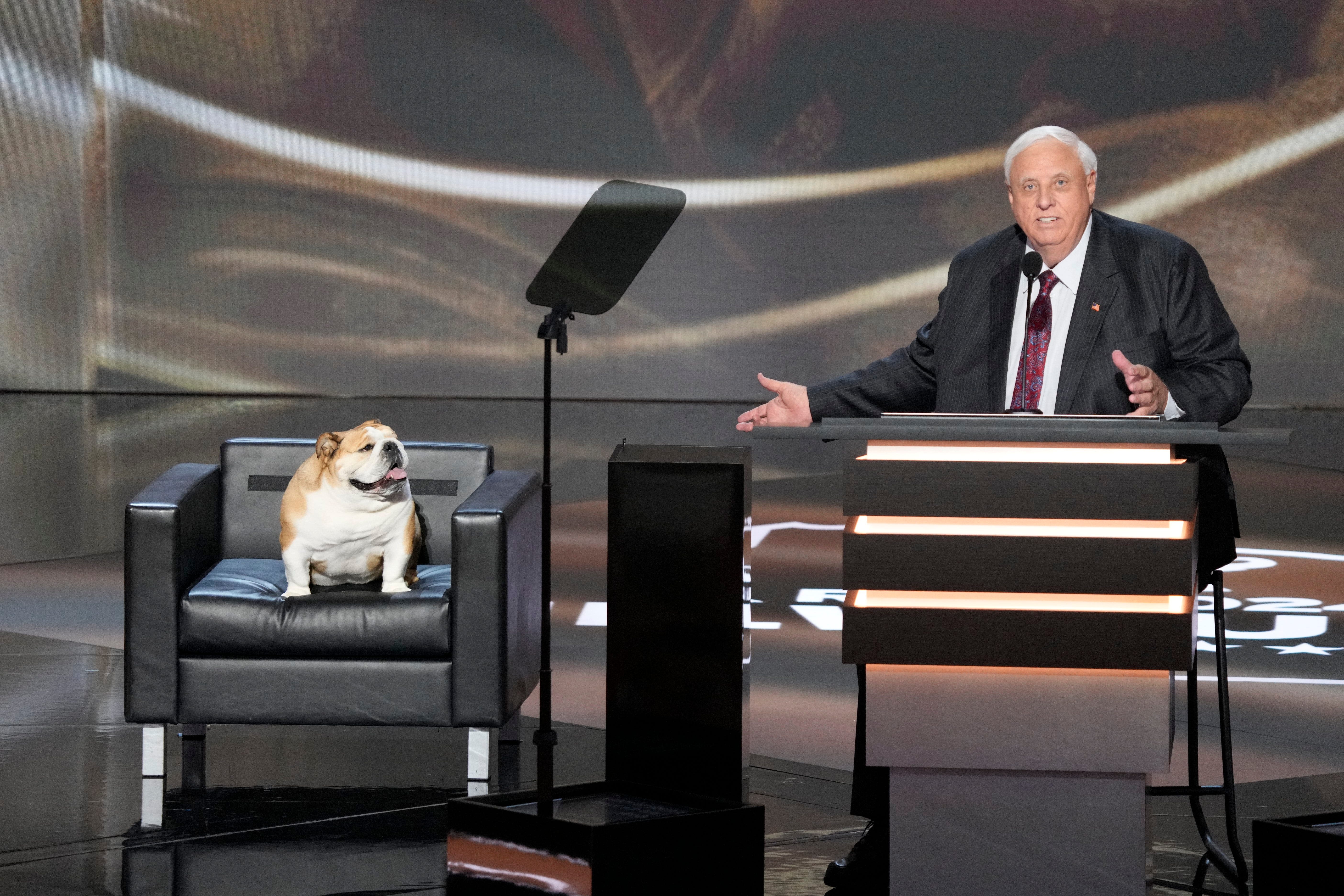 Babydog joins West Virginia Gov. Jim Justice on stage at Republican National Convention