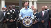 Jon Ossoff announces 25 of his Senate colleagues have signed on to his HELPER ACT during a Monday press conference at the north precinct of the Henry County Police Department in McDonough, Georgia.