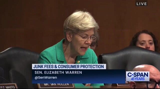 "I have never seen bumper sticker, 'I Heart Junk Fees'": Liz Warren hits GOP for blocking efforts to limit junk fees.