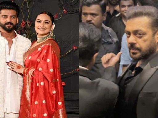 Salman Khan hugs new bride Sonakshi Sinha, greets Zaheer Iqbal at their wedding reception in UNSEEN video