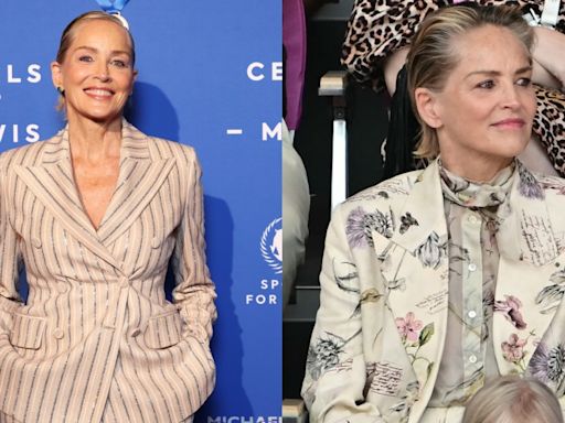 Sharon Stone Puts Maximalist Spin on Suiting in Bedazzled Pinstripes and Florals During the 2024 Paris Olympics